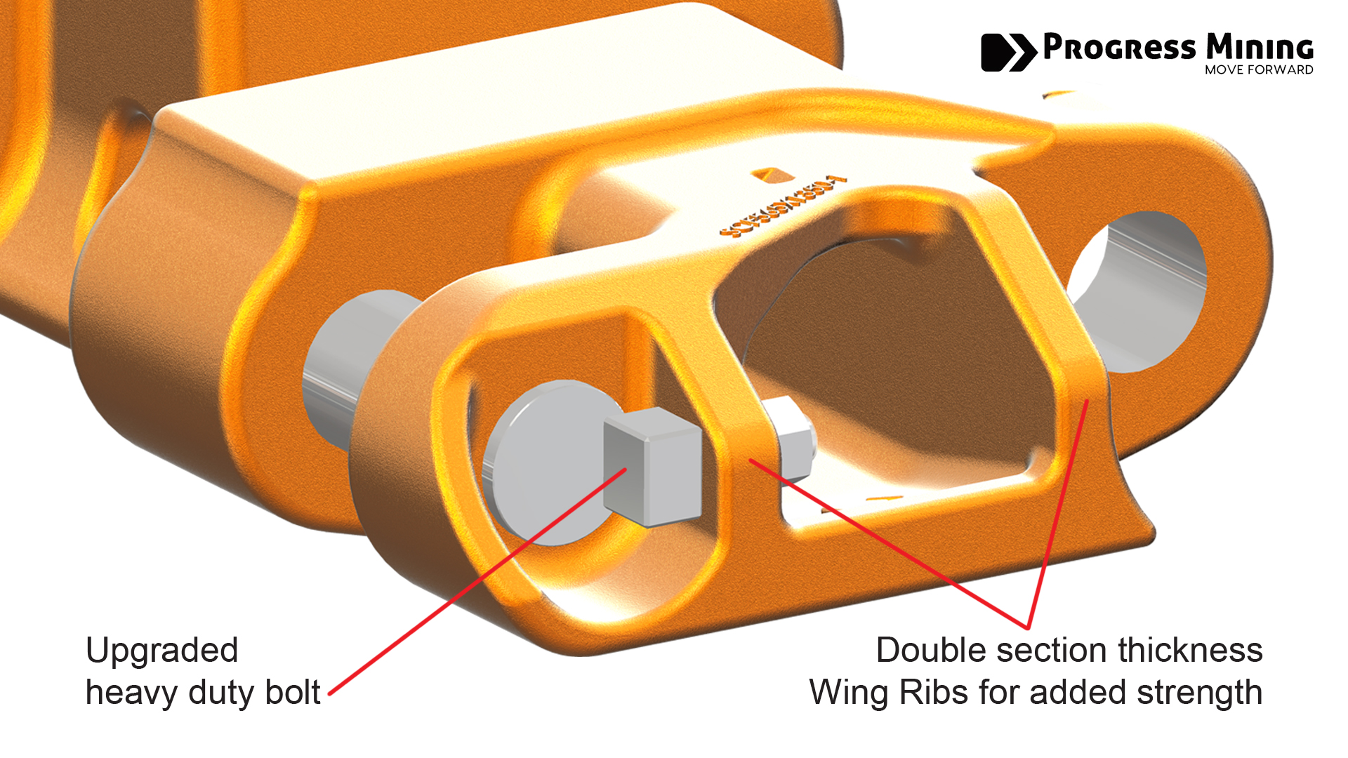 3D render of Progress Mining’s new R9600 track shoe design with upgraded heavy duty bolt and double section thickness on wing ribs for extra strength and durability.